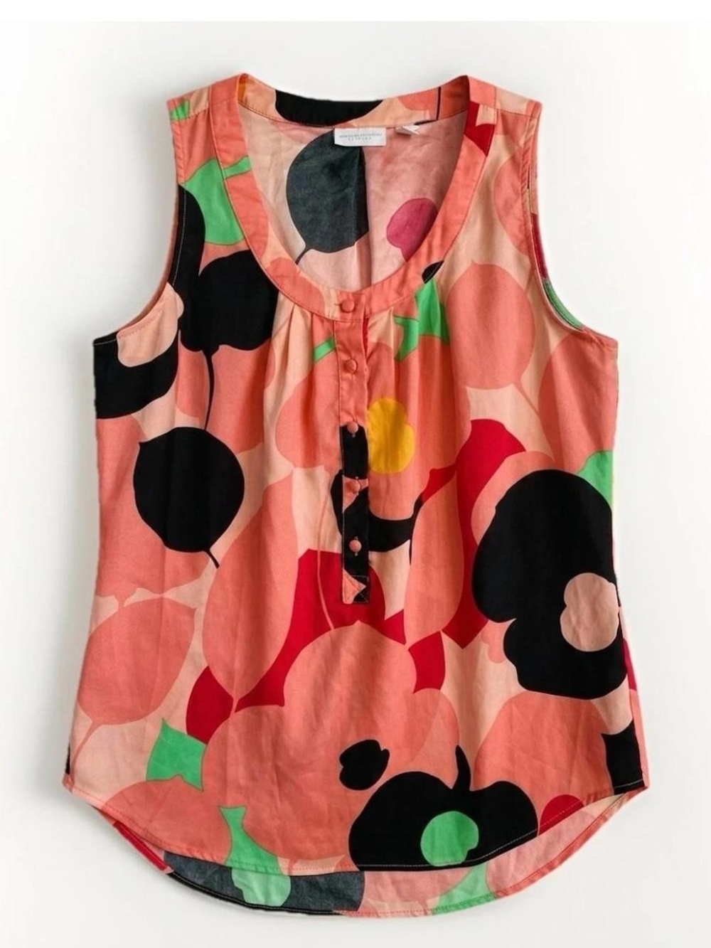 New York & Company Coral Floral Sleeveless Henley Tank with Bold Bloom Print